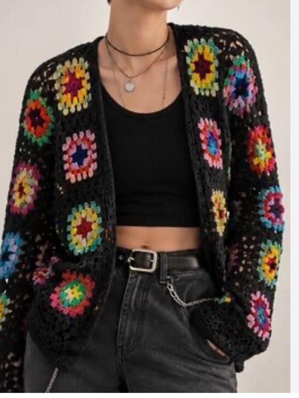 wild fable Black Crochet Cardigan with Multicolor Granny Squares New S Sweater